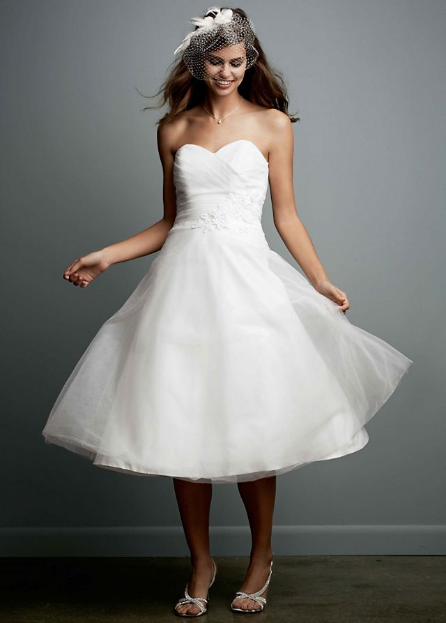 As-Is Tea-Length Strapless Tulle Gown Floral Sash Image 3