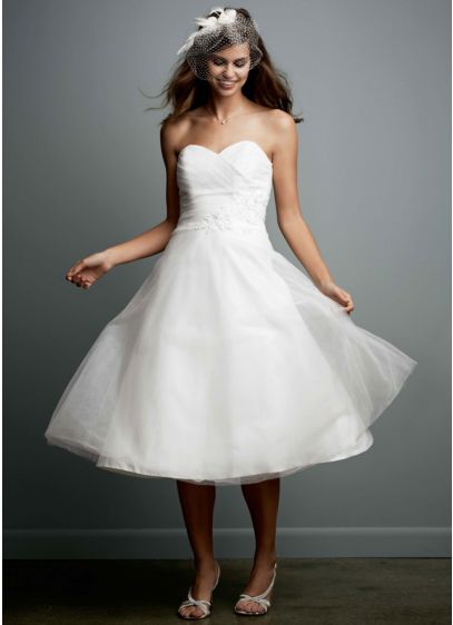 Tea-Length Strapless Tulle Gown with Floral Sash | David's Bridal