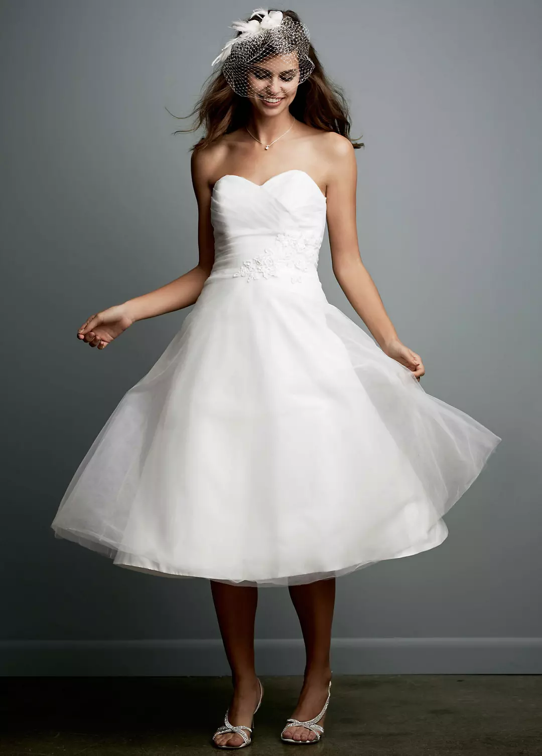 Tea-Length Strapless Tulle Gown with Floral Sash Image