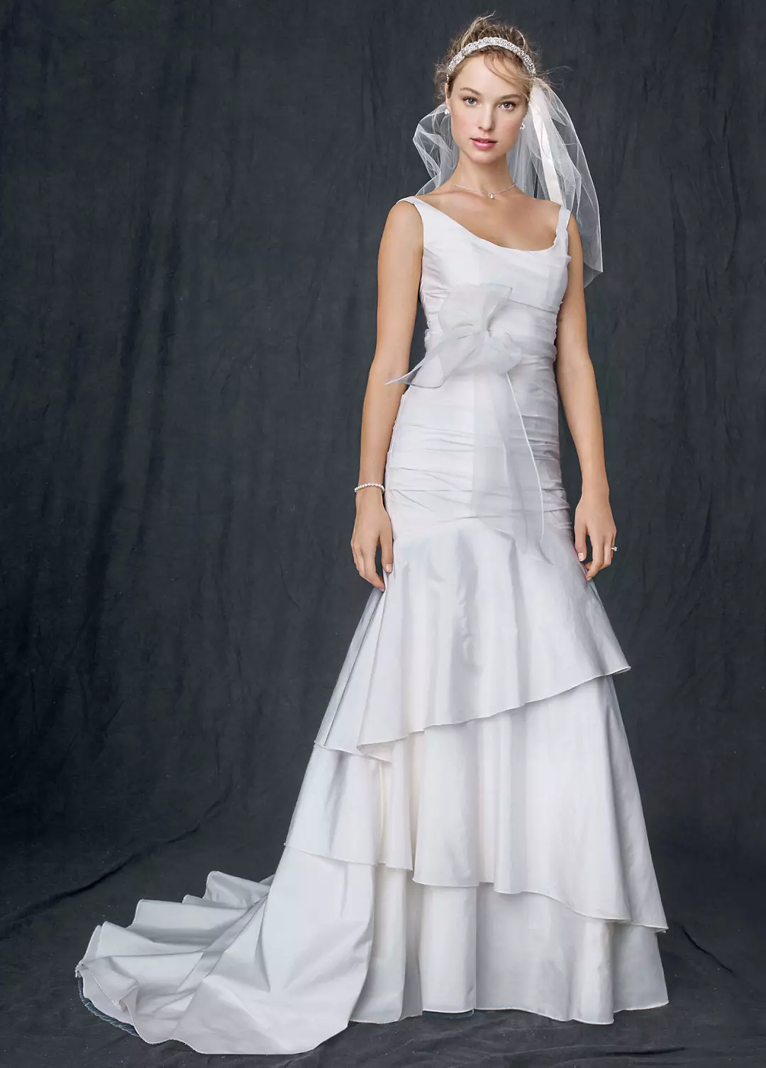 Taffeta Scoop Neck Ruched Bridal Gown with Tiering Image