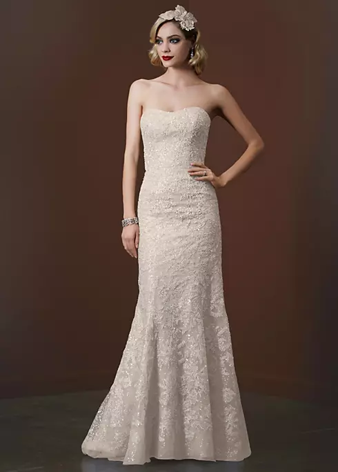 Strapless Trumpet Sequin Gown with Gold Lace