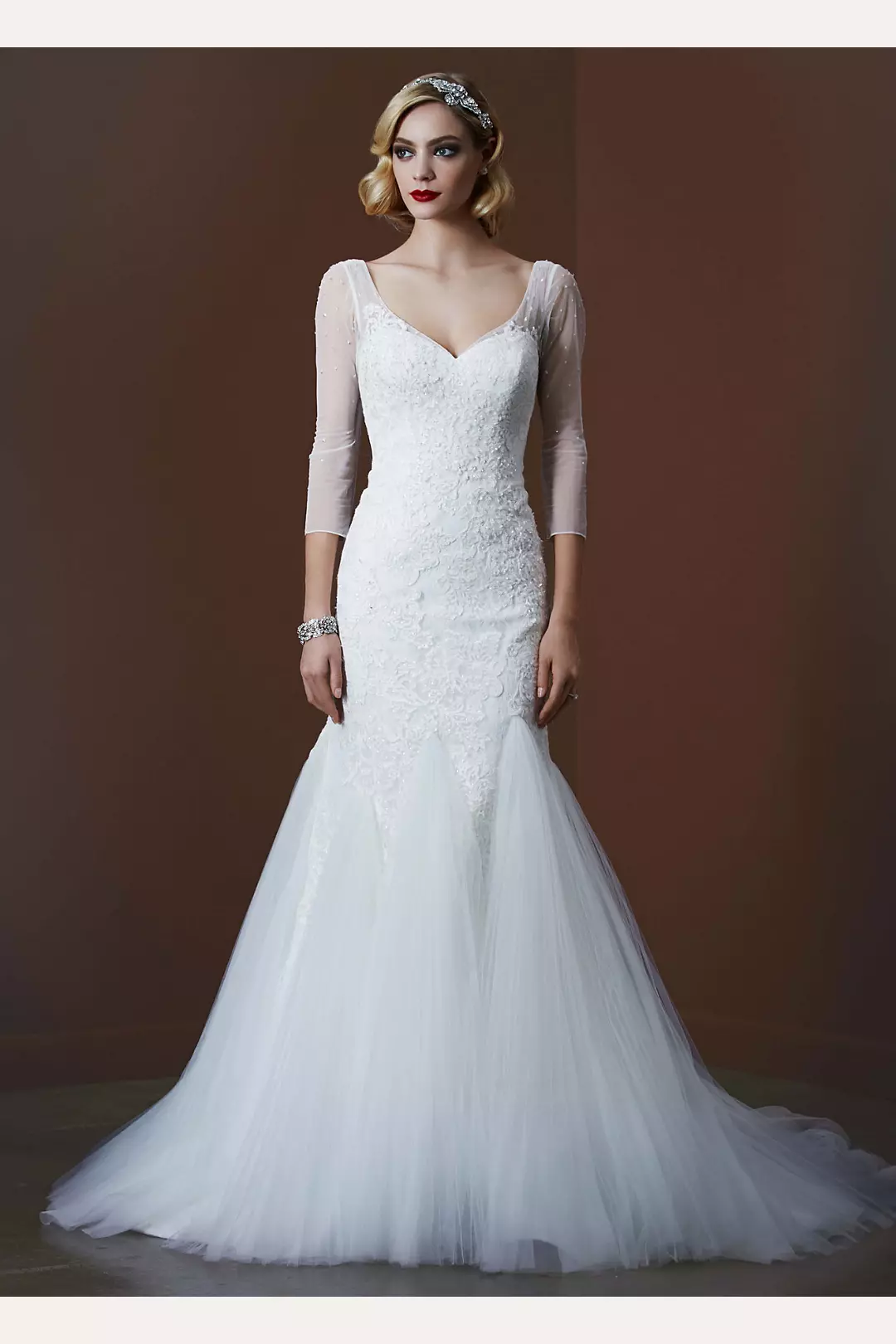 3/4 Sleeve Lace Trumpet Gown with Godet Skirt  Image