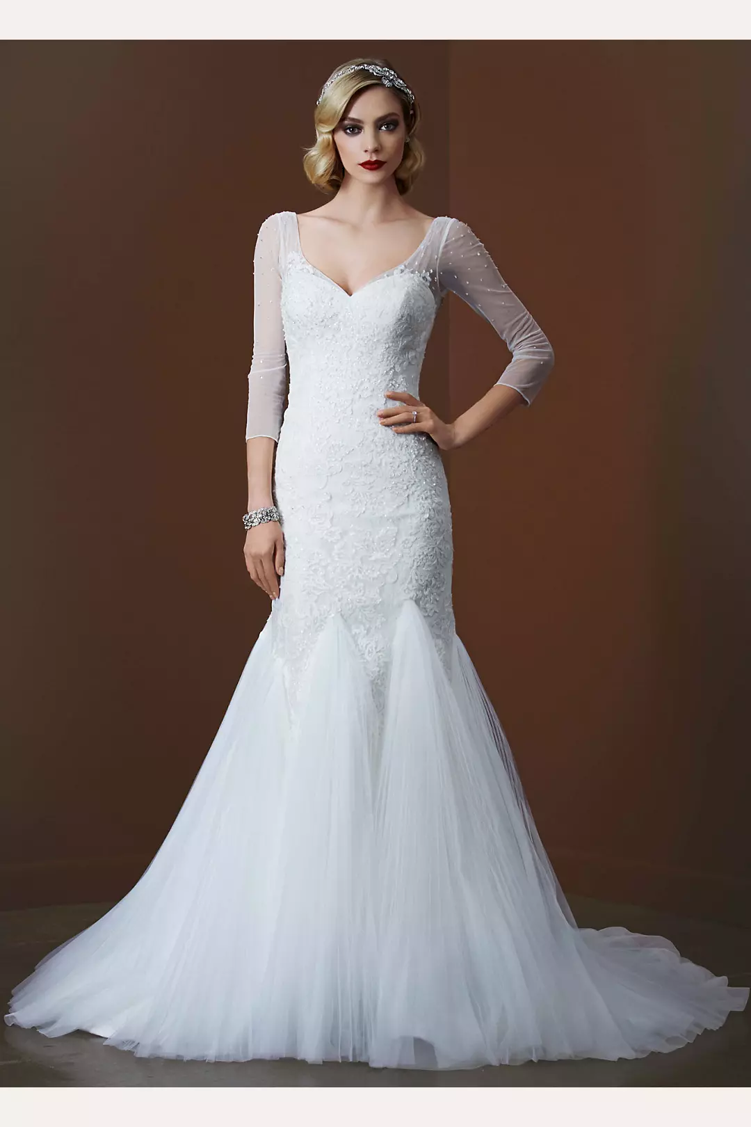 3/4 Sleeve Lace Trumpet Gown with Godet Skirt  Image