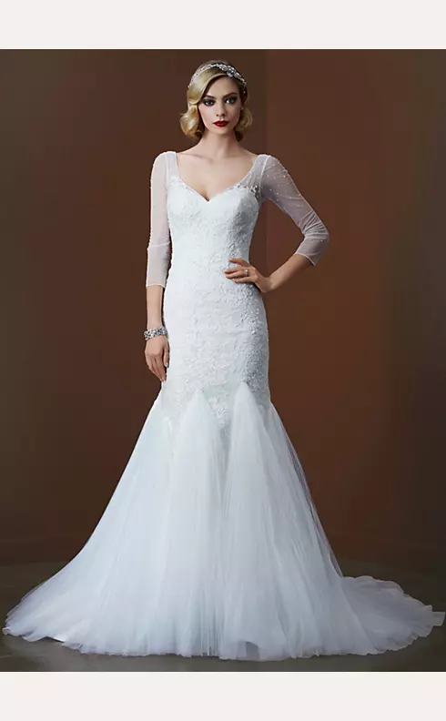 3/4 Sleeve Lace Trumpet Gown with Godet Skirt  Image 1