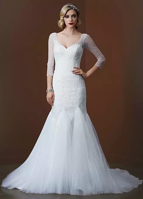 3/4 Sleeve Lace Trumpet Gown with Godet Skirt  Image 1