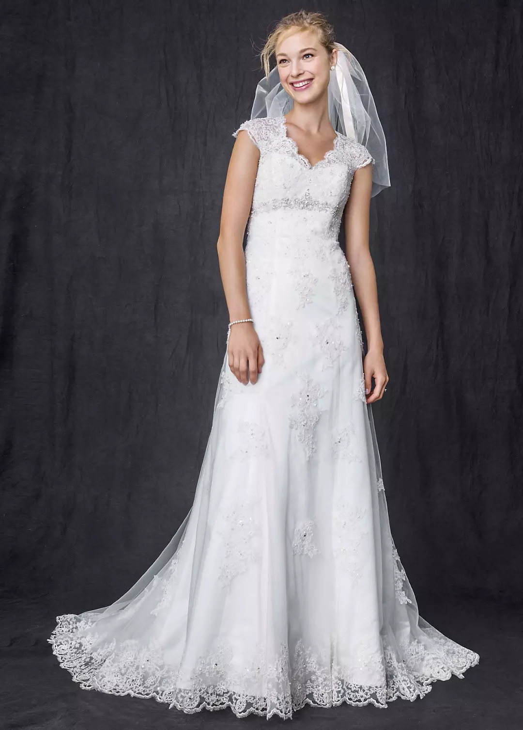 Petite Cap Sleeve Lace Over Satin Gown Image
