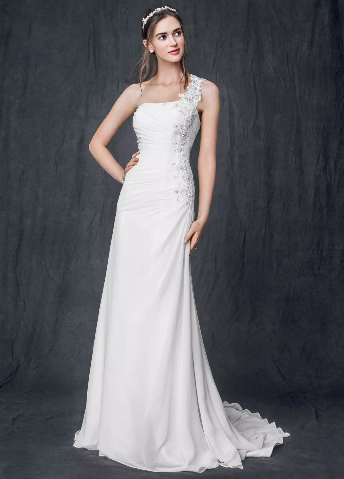 One Shoulder Chiffon Gown with Floral Appliques Image