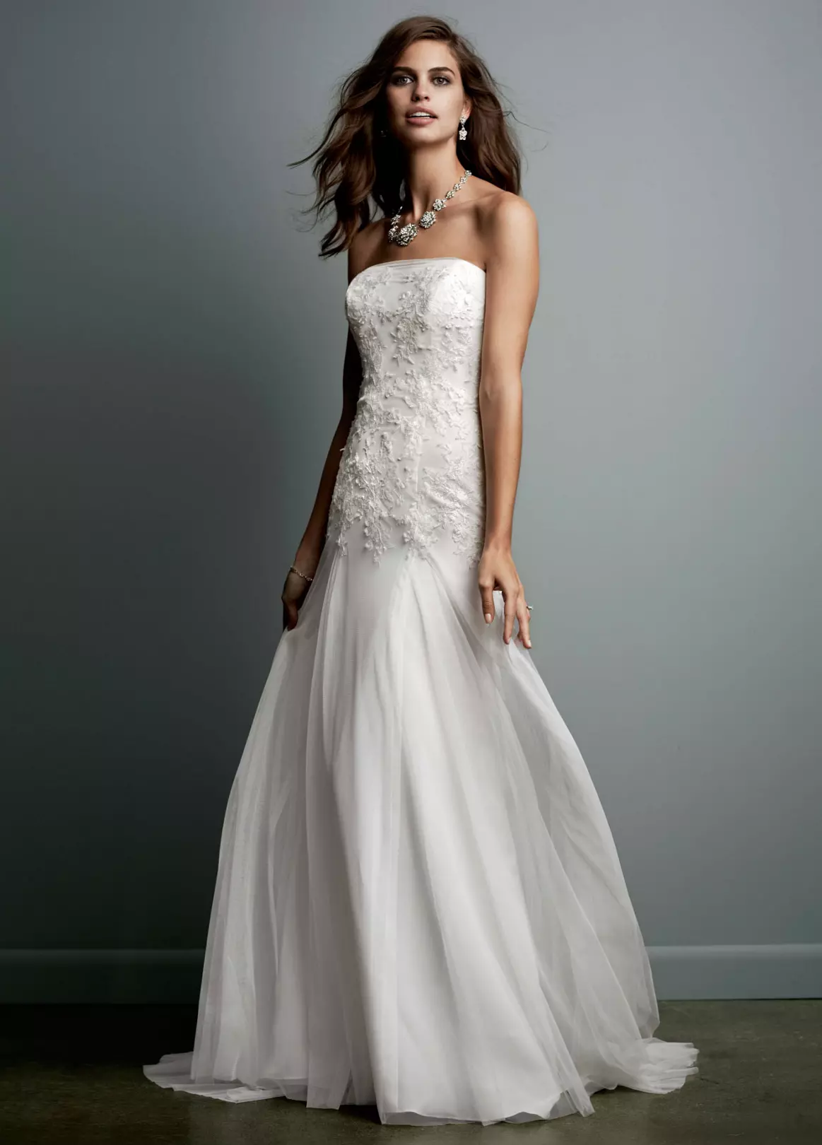Strapless Tulle Wedding Gown with Lace Embroidery Image
