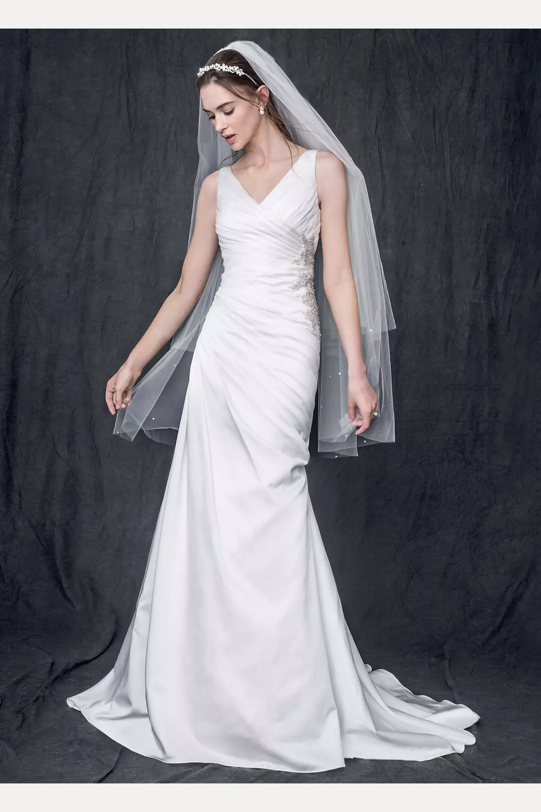 Sleeveless Satin V Neck Gown with Ruched Bodice Image