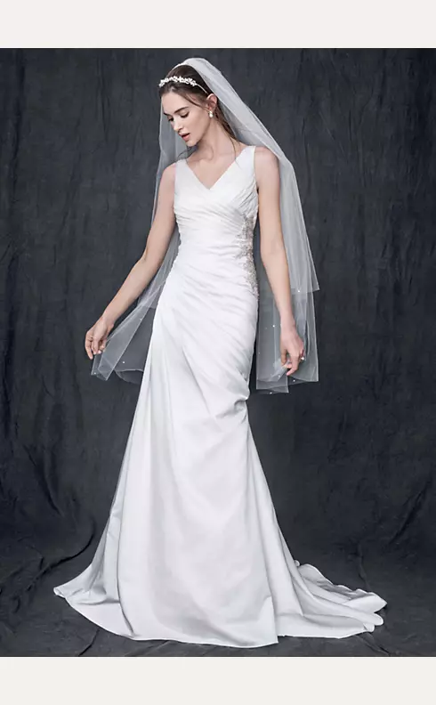 Sleeveless Satin V Neck Gown with Ruched Bodice Image 1
