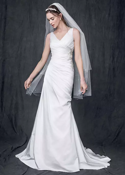 Sleeveless Satin V Neck Gown with Ruched Bodice Image 1
