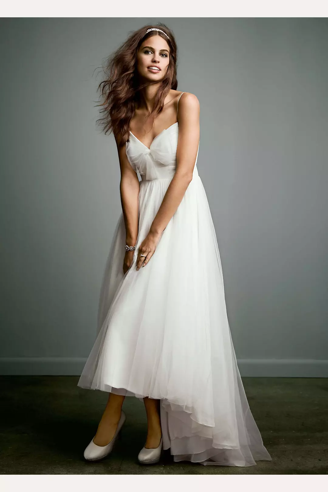 Tulle Over Chiffon High Low Dress with Bow Accent  Image