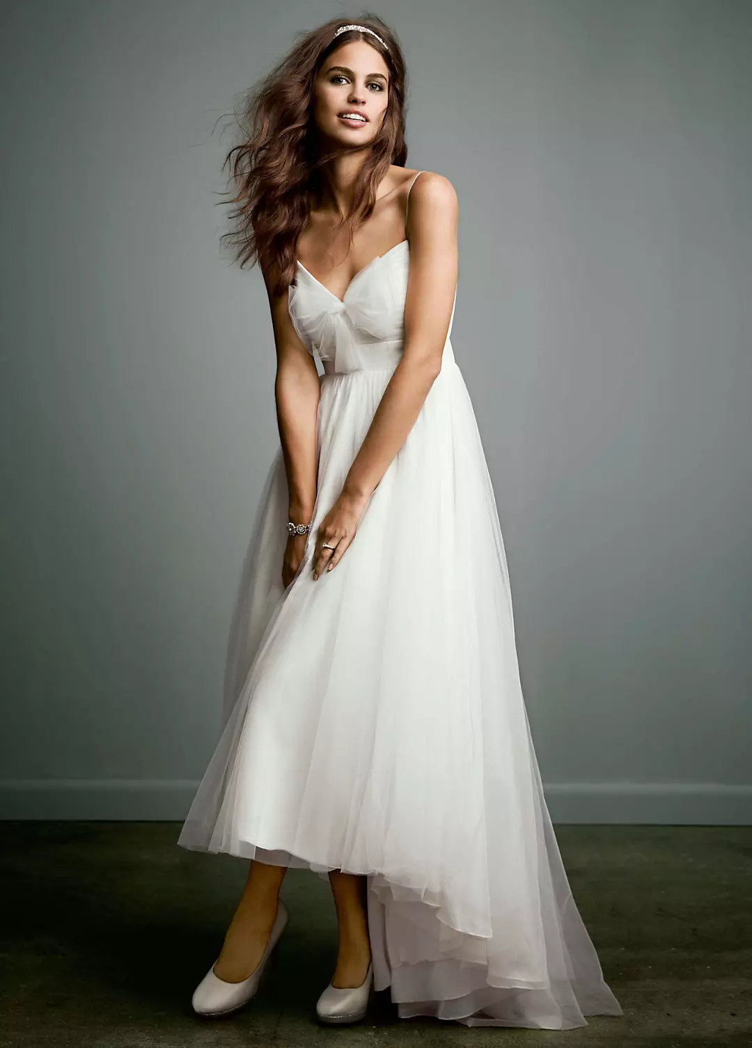 Tulle Over Chiffon High Low Dress with Bow Accent  Image