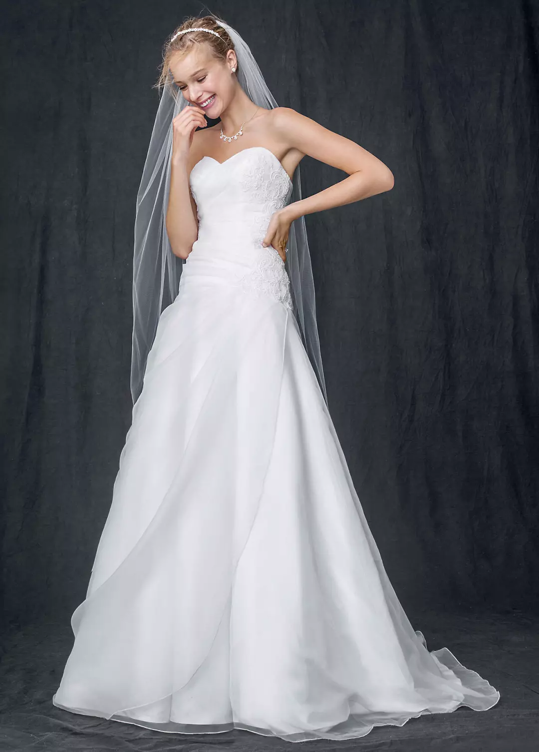 Strapless A Line Organza Gown with Ruched Bodice Image