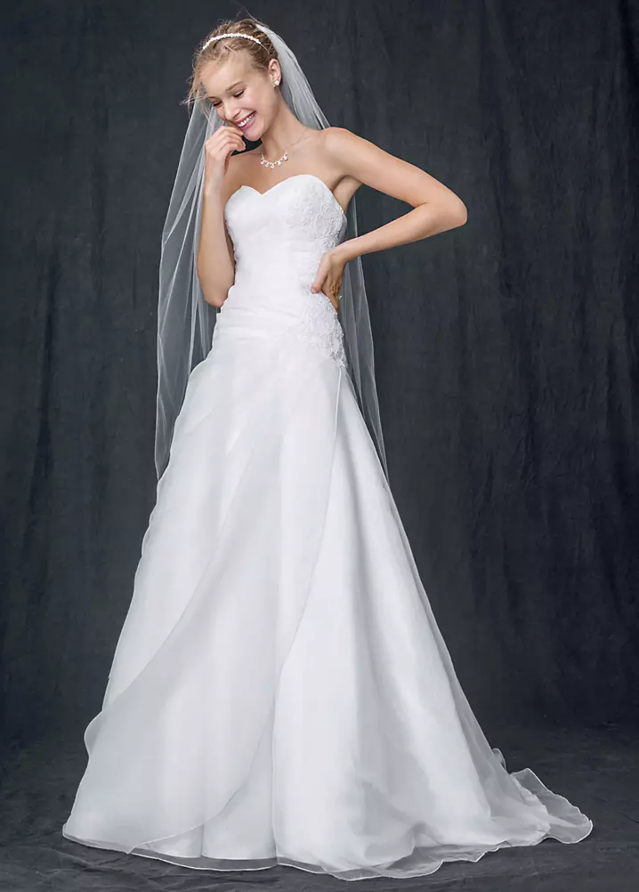 Strapless A Line Organza Gown with Ruched Bodice David's Bridal