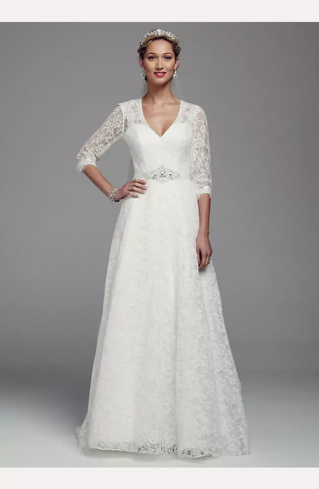 A-Line Lace Wedding Dress with 3/4 Sleeves  Image