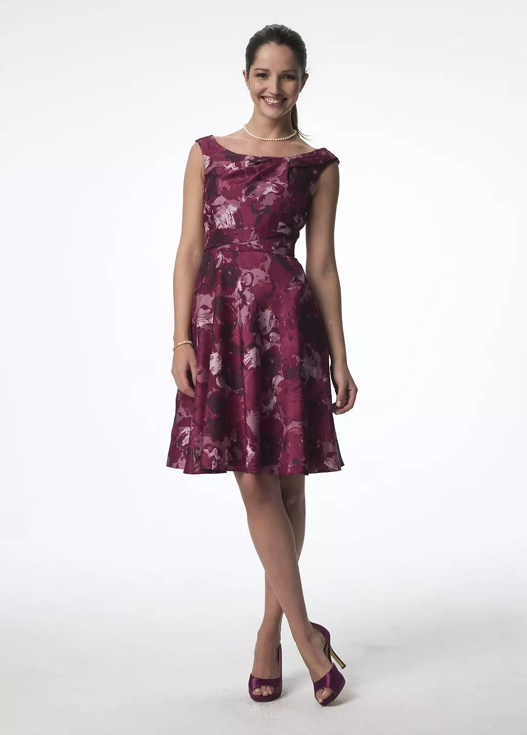 Knee-Length Off-the-Shoulder Shantung Print Dress Image