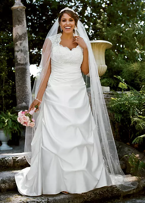 Cap Sleeved Satin Side-Draped A-Line Gown Image 1