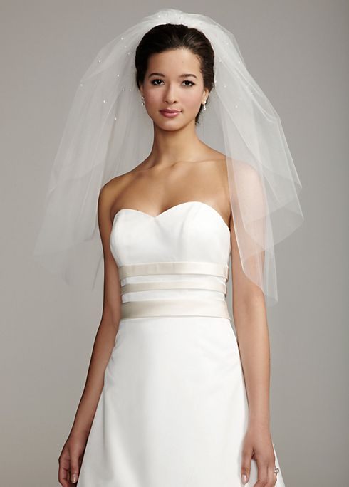 Two Tier Elbow Length Veil with Scattered Pearls Image 4