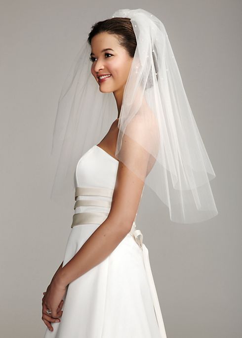 Two Tier Elbow Length Veil with Scattered Pearls Image 4