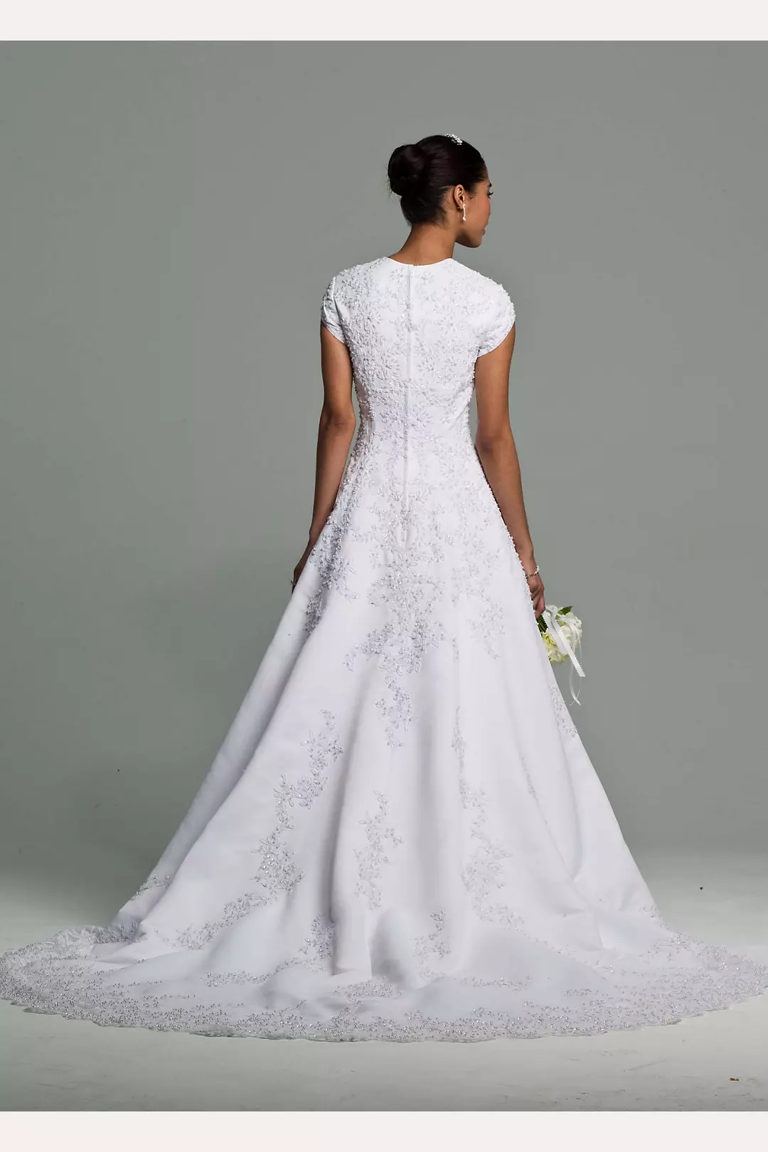 Short Sleeve Satin Wedding Dress Beaded Lace Image 2