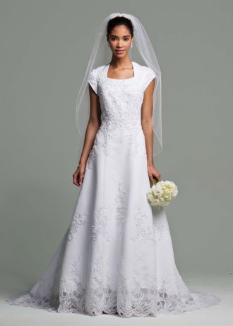 Short Sleeve Satin Wedding Dress Beaded Lace | David's Bridal, image size:1080x1506