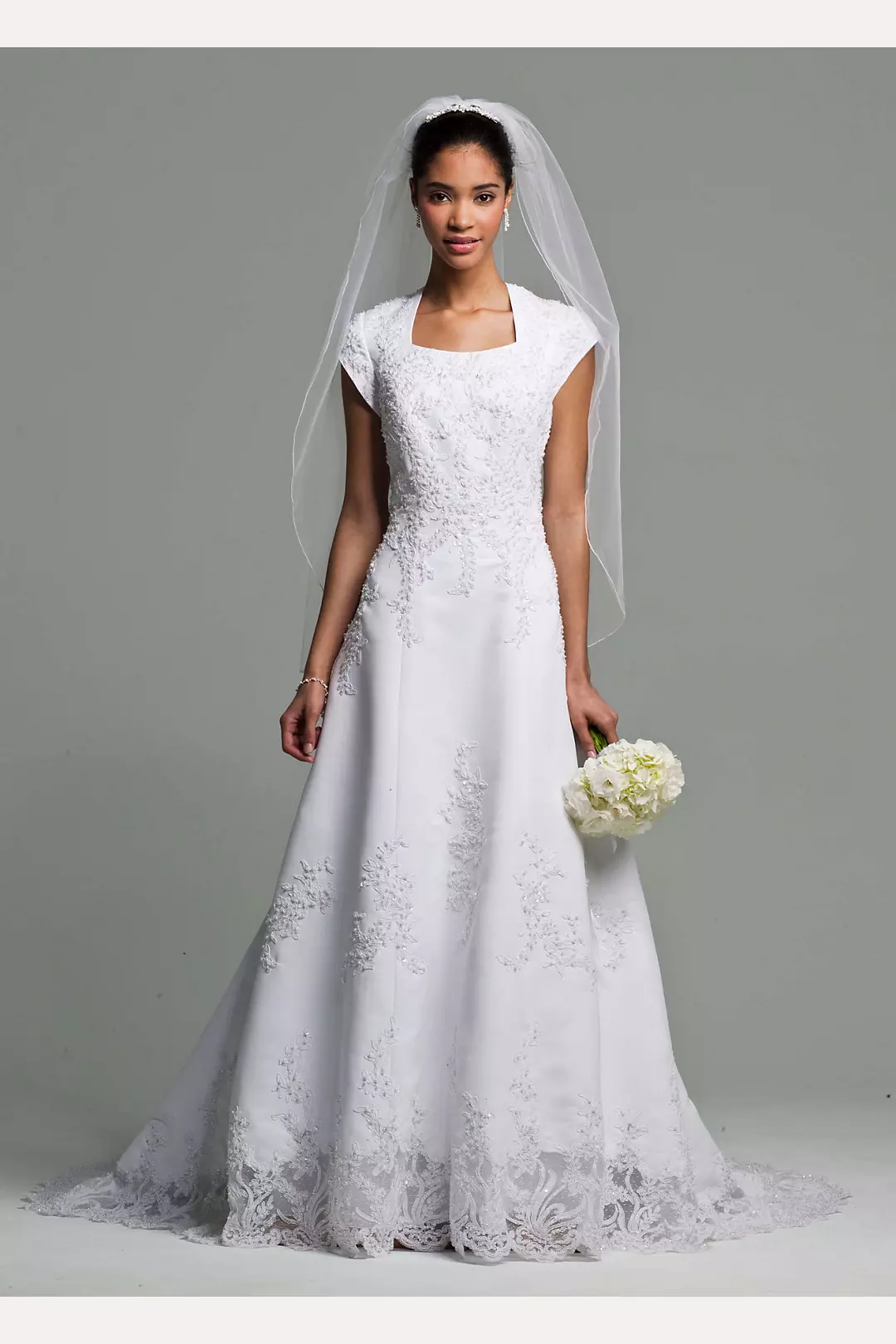 Short Sleeve Satin Wedding Dress Beaded Lace Image
