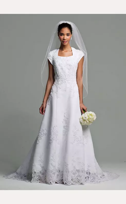 Short Sleeve Satin Wedding Dress Beaded Lace Image 1