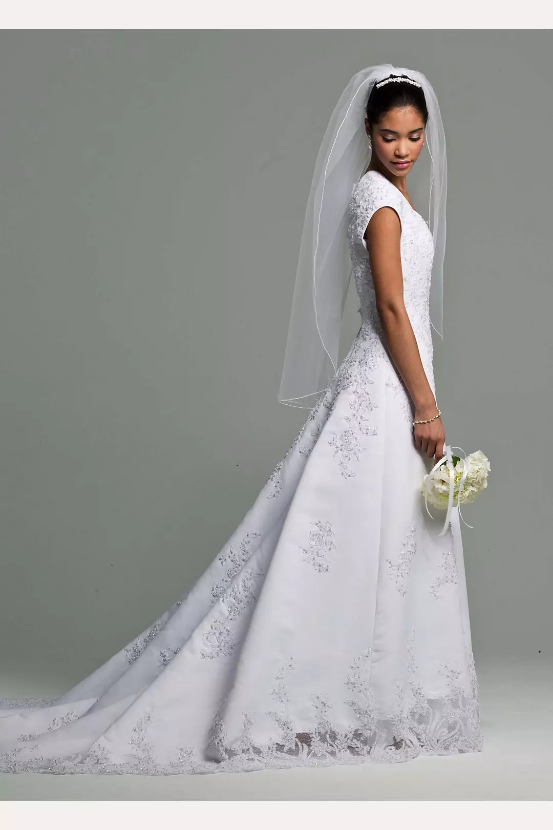Short Sleeve Satin Wedding Dress Beaded Lace Image 3