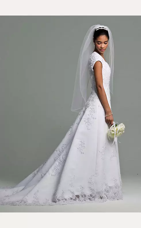 Short Sleeve Satin Wedding Dress Beaded Lace Image 3