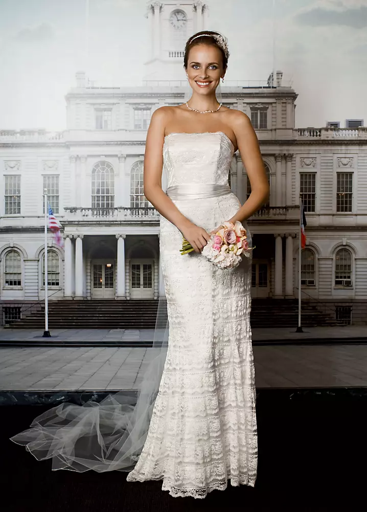 As-Is Petite Beaded Lace Sheath with Godet Inserts | David's Bridal As-Is Petite Beaded Lace Sheath with Godet Inserts | David's Bridal