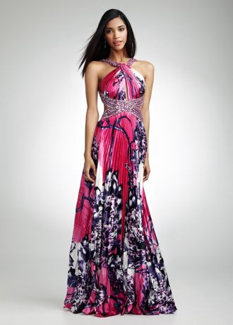 Beaded Charmeuse Pleated Print Gown with Key Hole Image