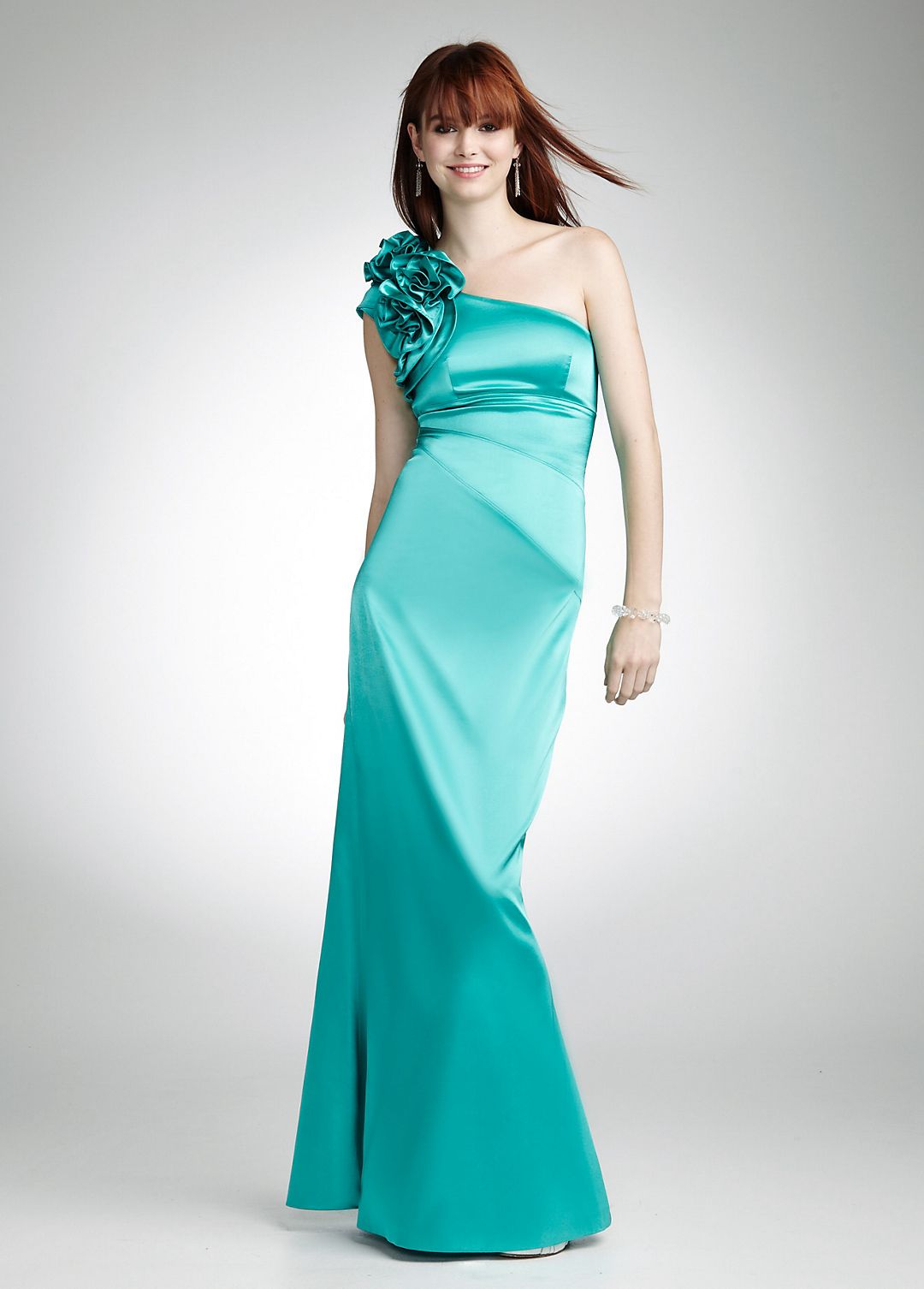 One Shoulder Stretch Satin Gown with Flower Detail Image