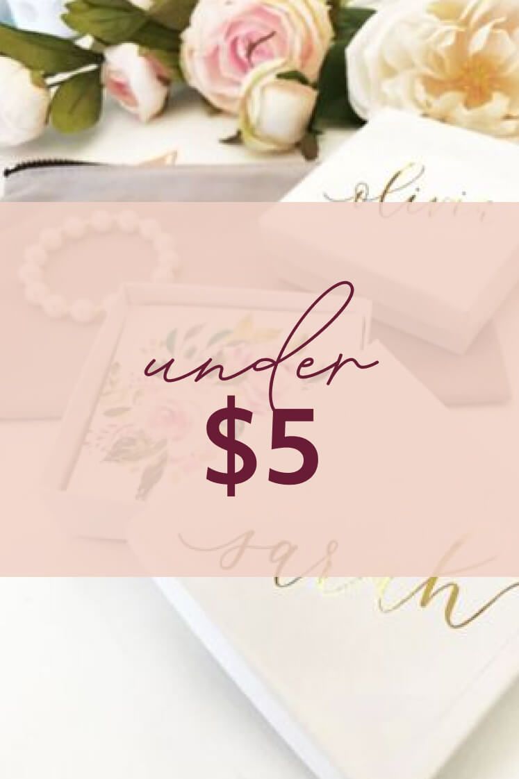 personalized gift box and pearl necklace on a table with flowers with under $5 overlay