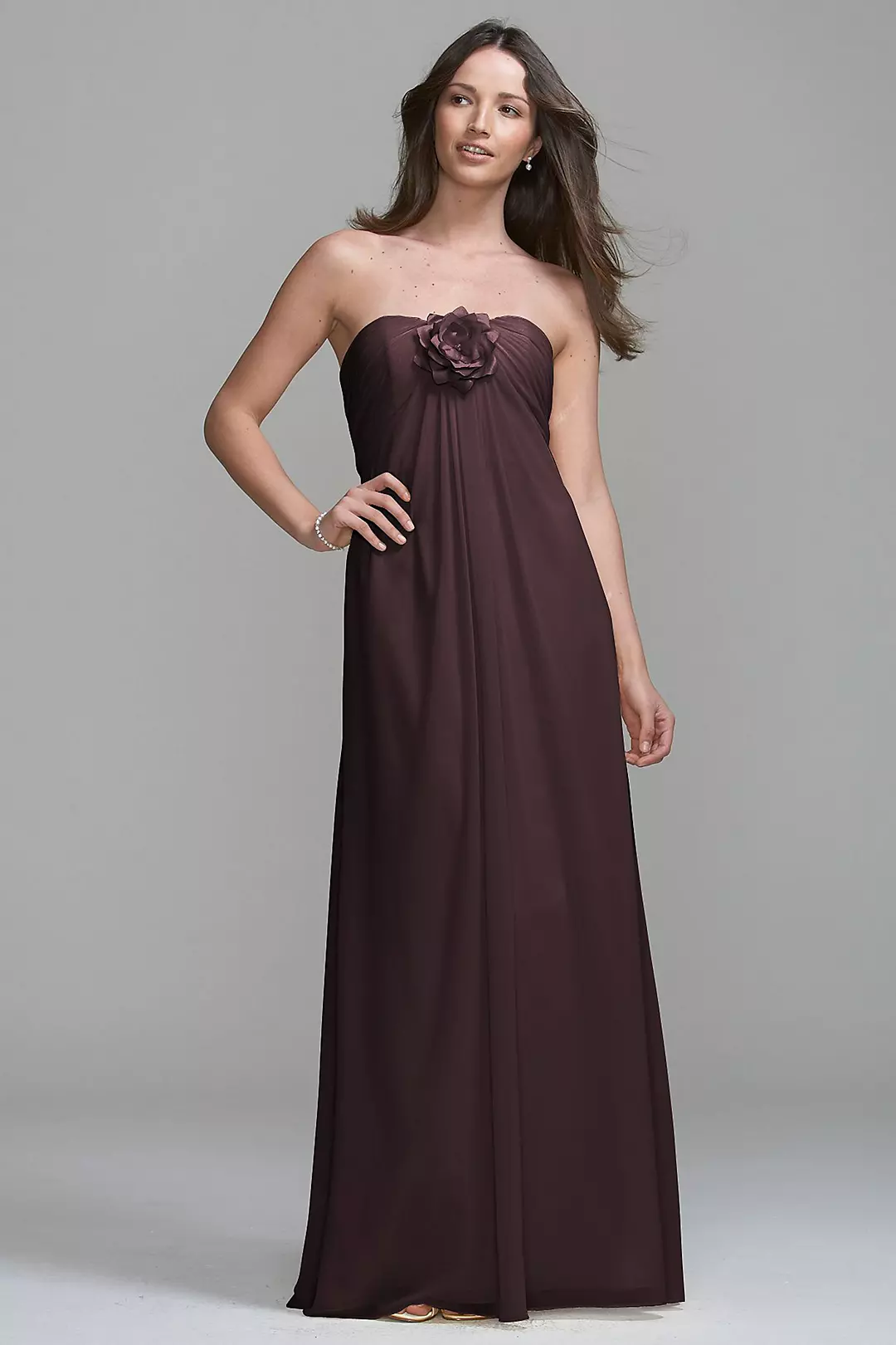 Long Chiffon Dress with Removable Flower Detail Image